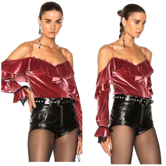 Self Portrait Pink Black Velvet Lace Frill Off Shoulder Top 6 - Picture 1 of 8